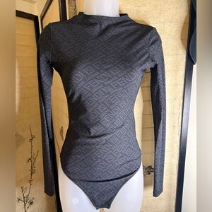 Fendi/Skims Charcoal Monogram Long Sleeve Bodysuit